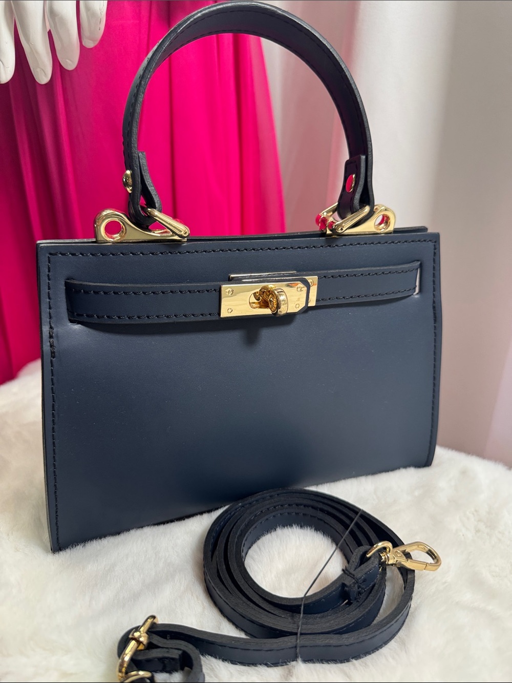 Vera Pelle Italian leather blue. Leather Top-Handle Bag with Gold Hardware